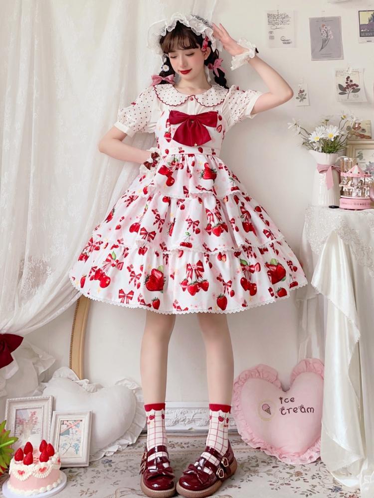 Cherry Berry Big Bow High Waist Jumper Skirt