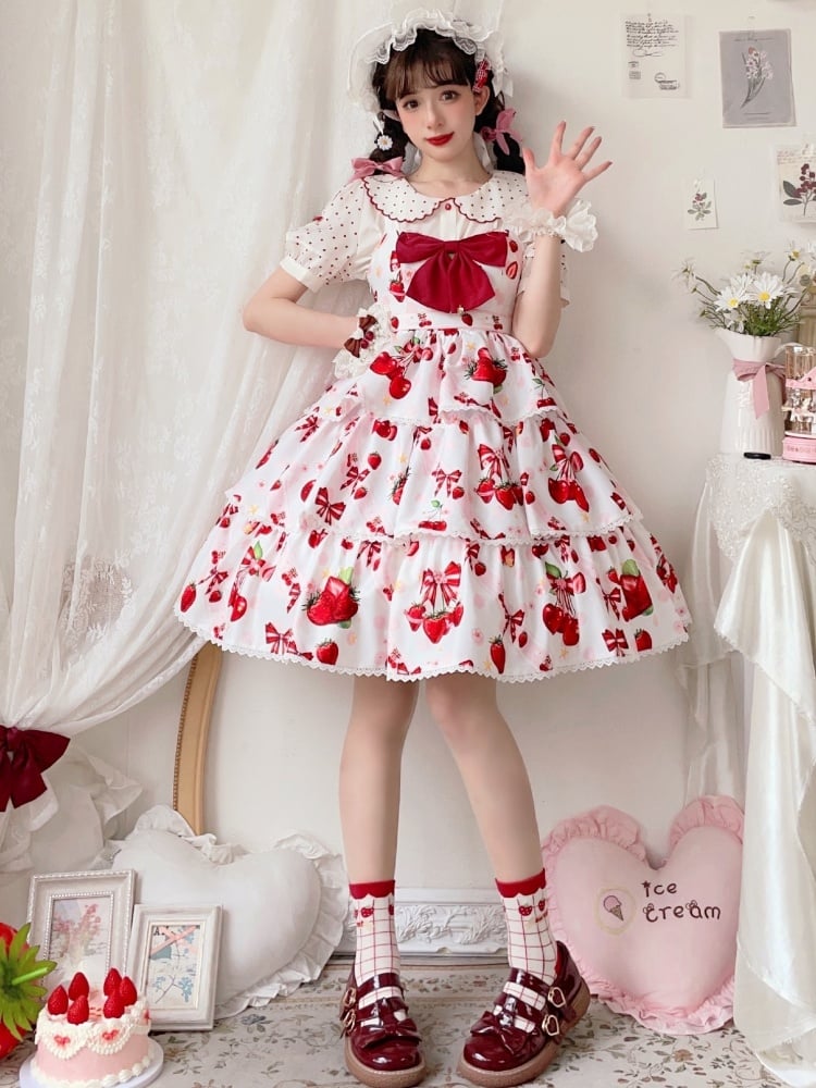 Cherry Berry Big Bow High Waist Jumper Skirt