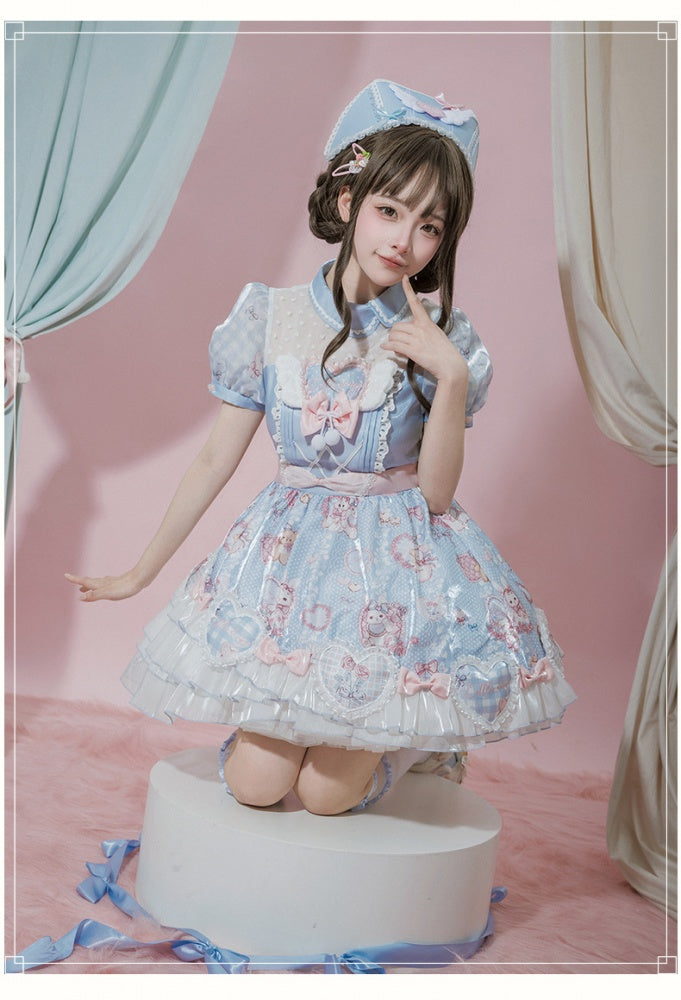 Light Blue Bunny Print One Piece Puff Sleeves Sweet Dress