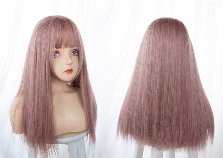 Dusty Pink Straight Synthetic Wig with Full Bangs