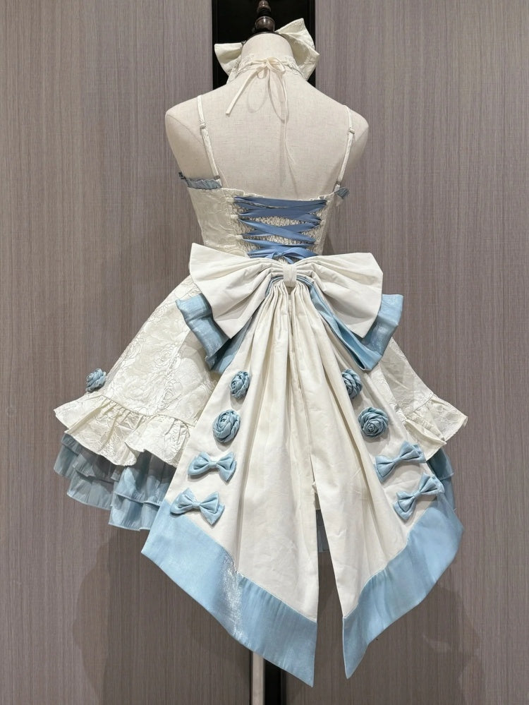 Apricot and Blue Rosette Dress Basque Waist Jumper Skirt