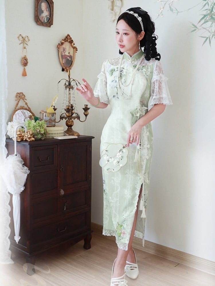 Light Green Figs and Floral Print Elegant Qipao Dress