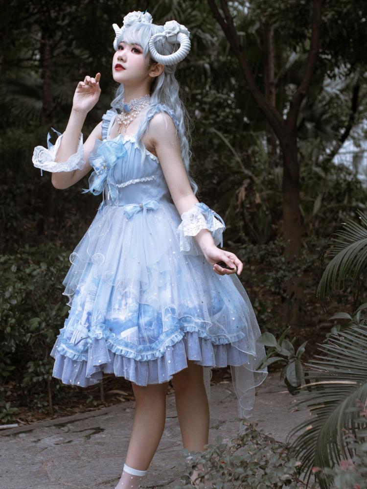 Travel with Whale Light Blue Pearl Studs Tulle Scalloped Ruffle Hemline Jumper Skirt