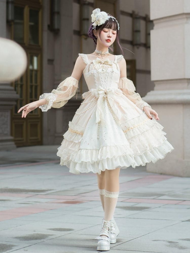 Gorgeous Starry Night Tea Party Ivory Jumper Skirt Full Set Shiro Lolita Wedding Dress