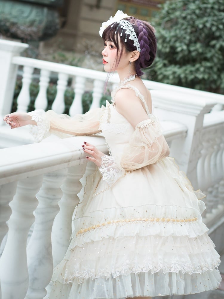 Gorgeous Starry Night Tea Party Ivory Jumper Skirt Full Set Shiro Lolita Wedding Dress