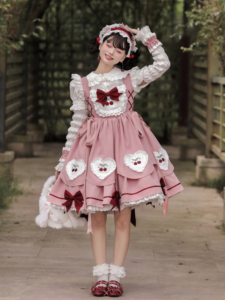 Cherry Embroidery Heart Bowknots High Waist Jumper Skirt