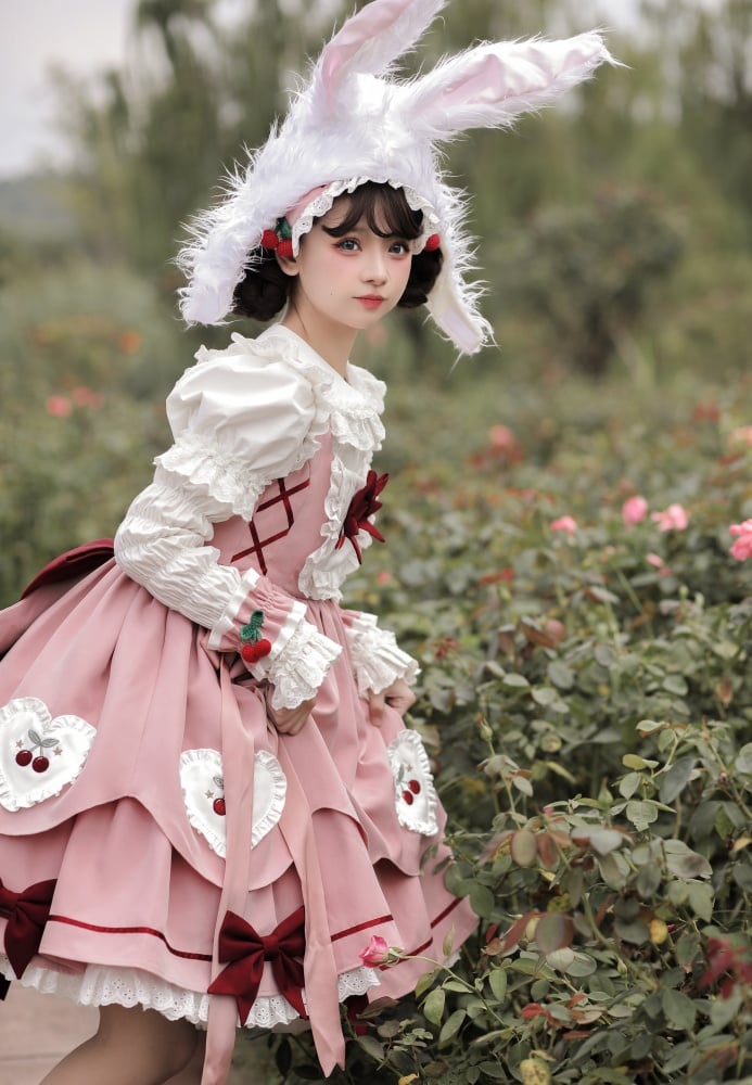 Cherry Embroidery Heart Bowknots High Waist Jumper Skirt