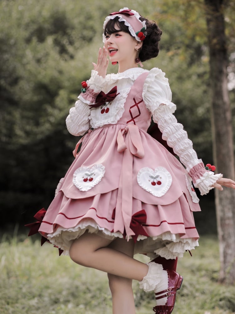 Cherry Embroidery Heart Bowknots High Waist Jumper Skirt