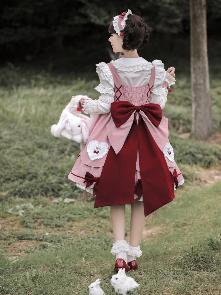 Cherry Embroidery Heart Bowknots High Waist Jumper Skirt