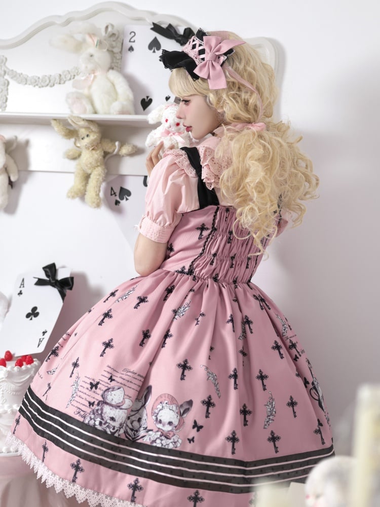 Black and Pink Sweet Bunny Print Jumper Skirt with Detachable Apron - Sukuroi