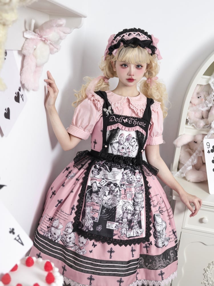 Black and Pink Sweet Bunny Print Jumper Skirt with Detachable Apron - Sukuroi