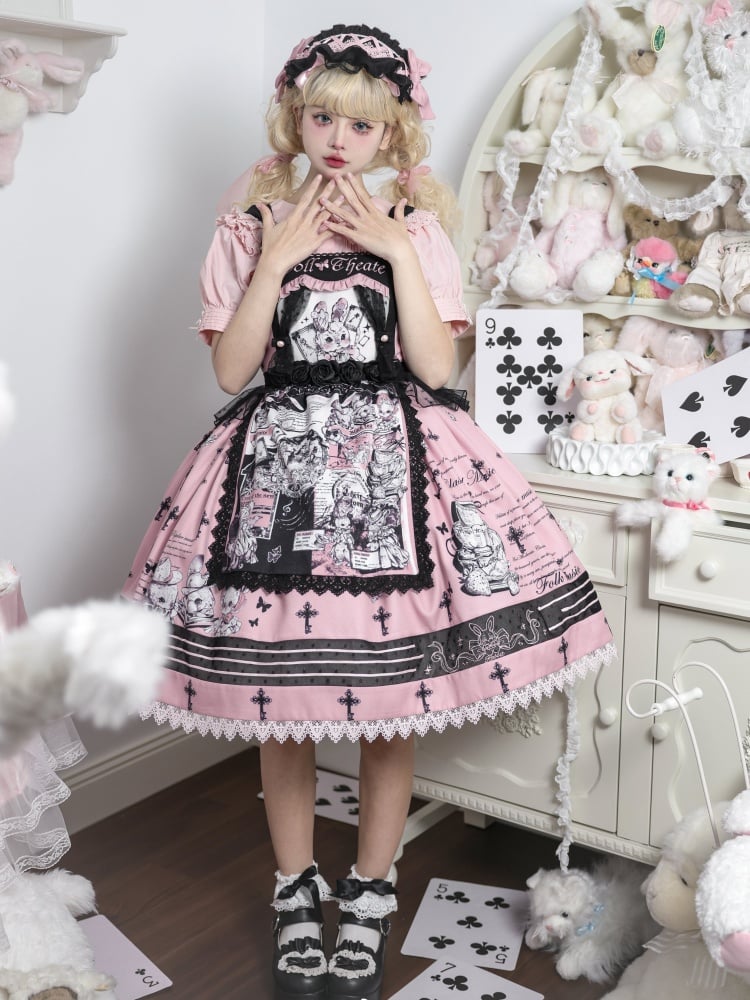 Black and Pink Sweet Bunny Print Jumper Skirt with Detachable Apron - Sukuroi