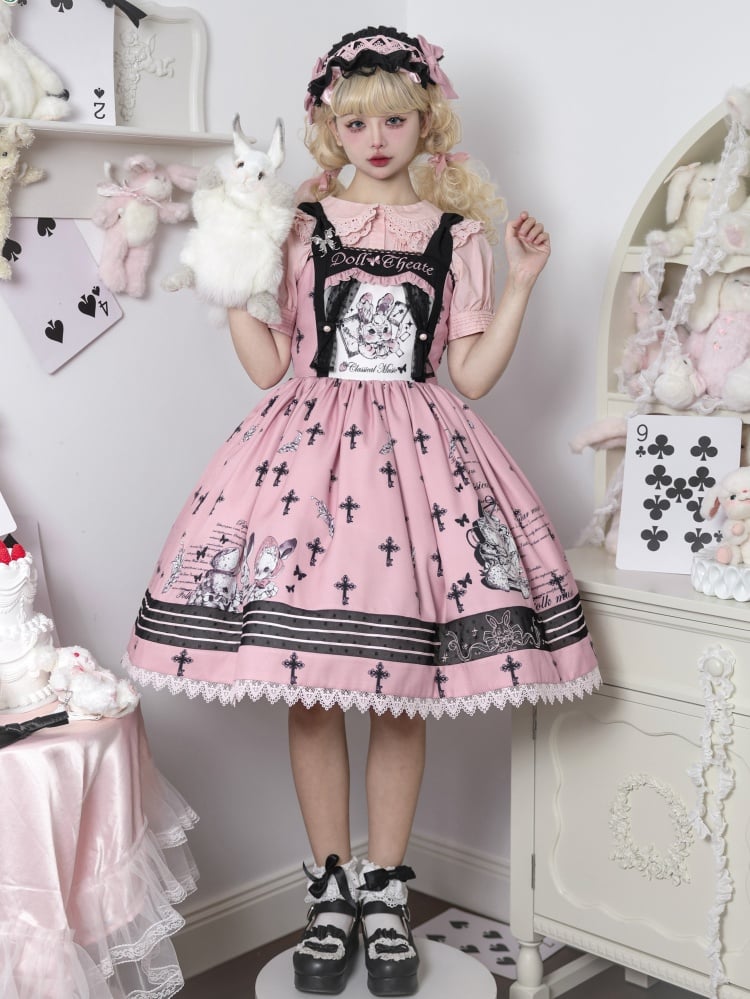 Black and Pink Sweet Bunny Print Jumper Skirt with Detachable Apron - Sukuroi