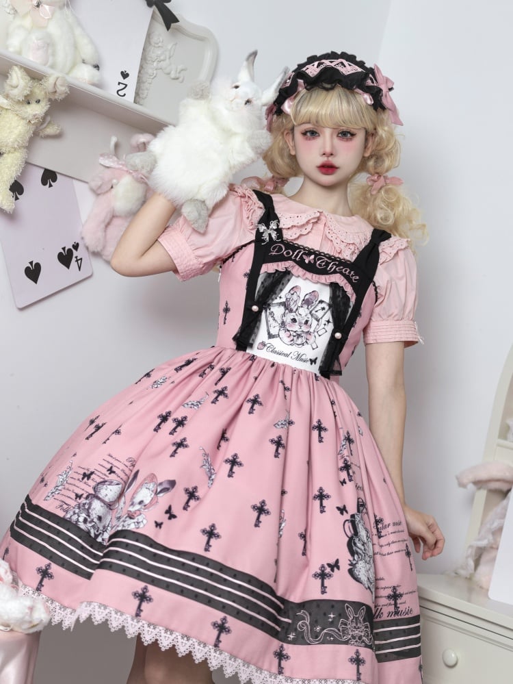 Black and Pink Sweet Bunny Print Jumper Skirt with Detachable Apron - Sukuroi