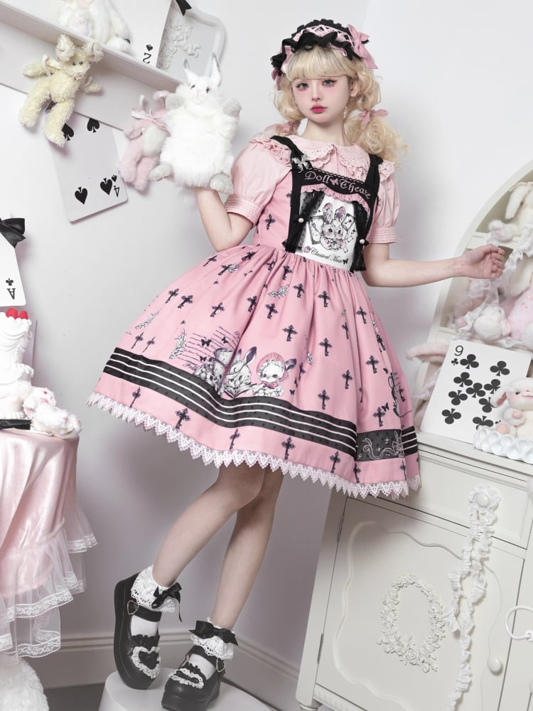 Black and Pink Sweet Bunny Print Jumper Skirt with Detachable Apron - Sukuroi