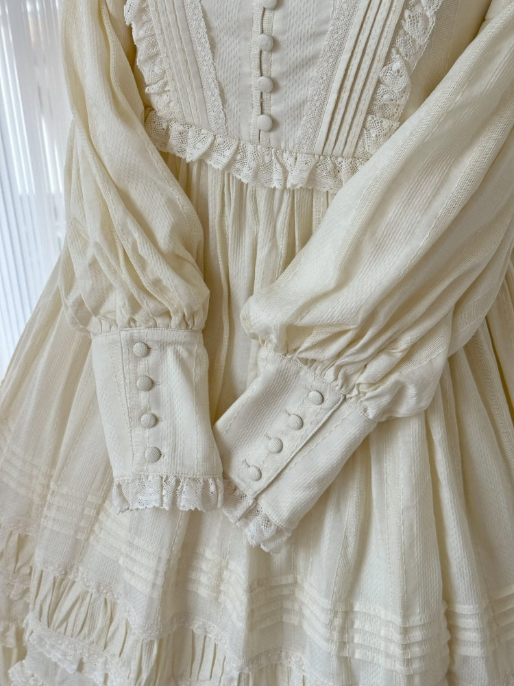 Creamy Cotton Ruffle Trim and Pleating Details Long Sleeves One Piece