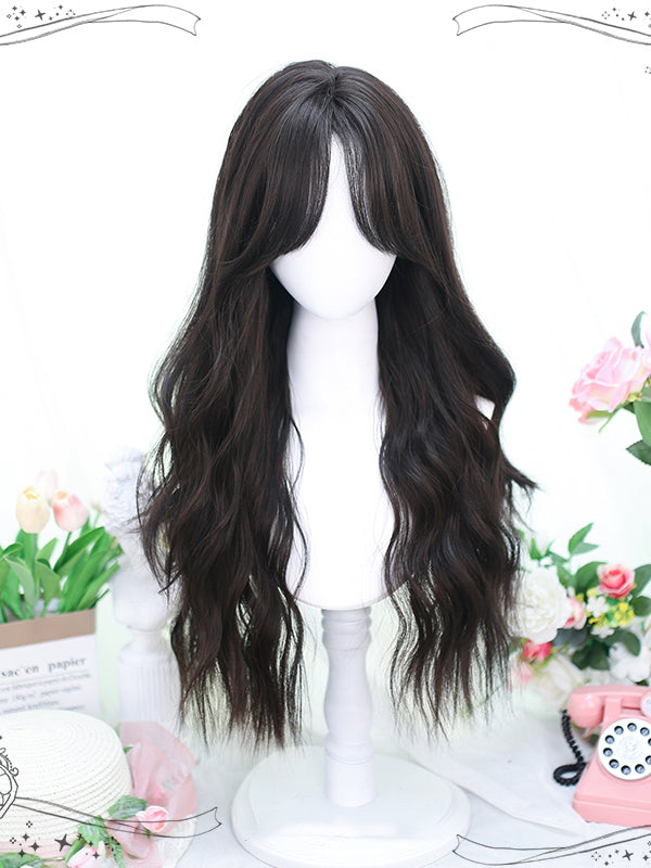 Dark Brown Wavy Synthetic Wig with Curtain Bangs