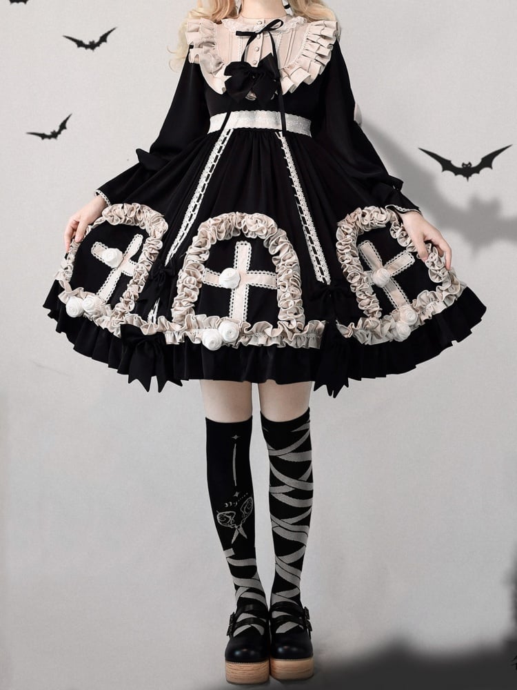 Black and White Gothic Empire Waist One Piece Cross Pattern and Roses Hem