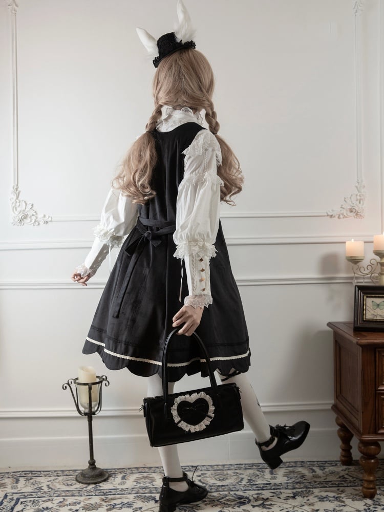 Black Velvet Bunny Embroidery Scallop Trim Hemline Jumper Skirt - Sukuroi