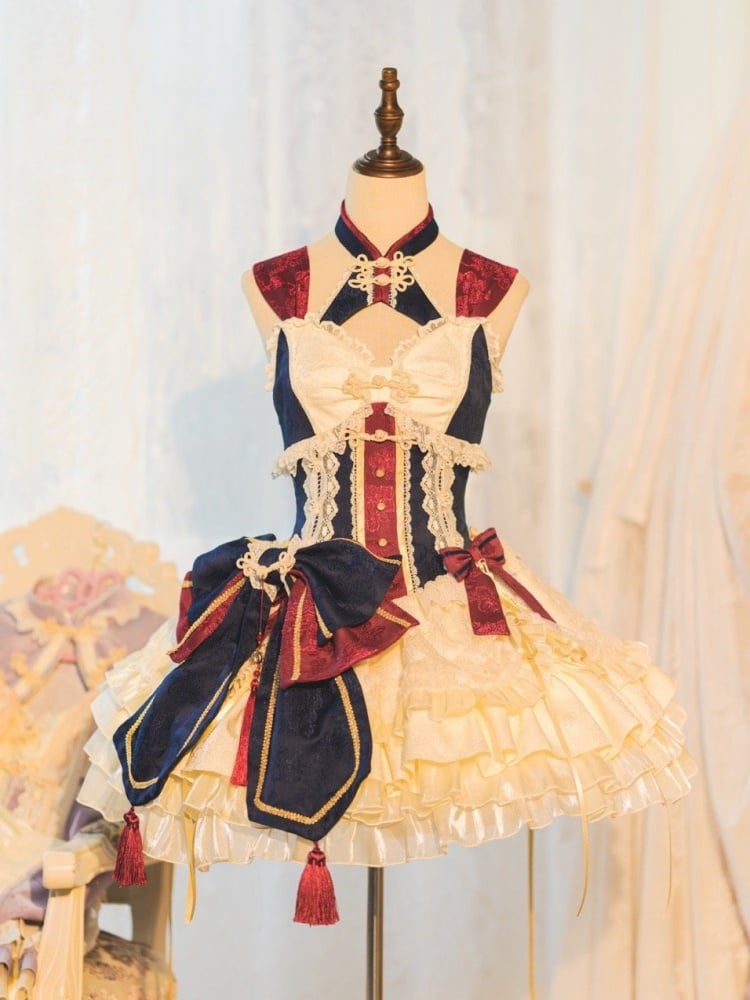 Dark Blue and Red Detachable Collar Qi Tiered Ruffles Jumper Skirt - Sukuroi