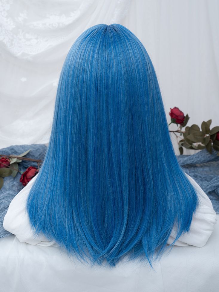 Split Color Bangs Cyan Highlights Sky Blue Straight Synthetic Wig