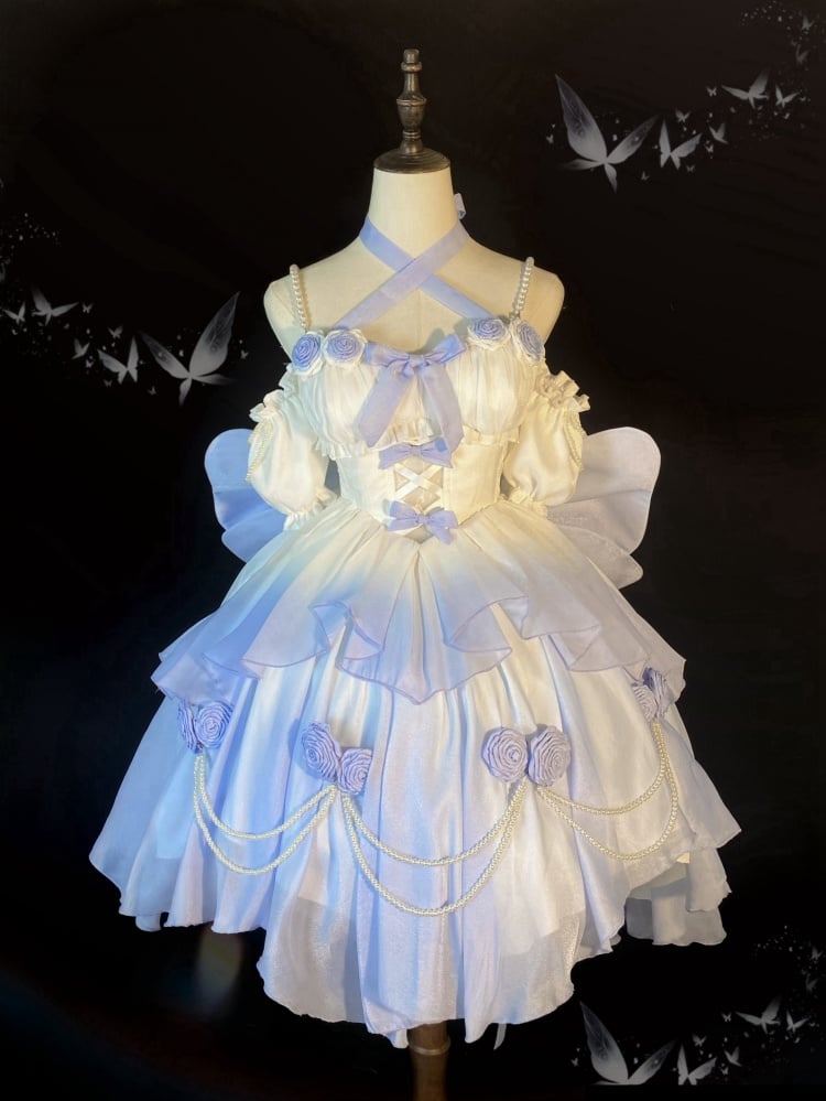 Clearance-Size L for Bust 90-98CM Fairy Blue Princess Dress Prom Rose Details Ombre Jumper Skirt - Sukuroi