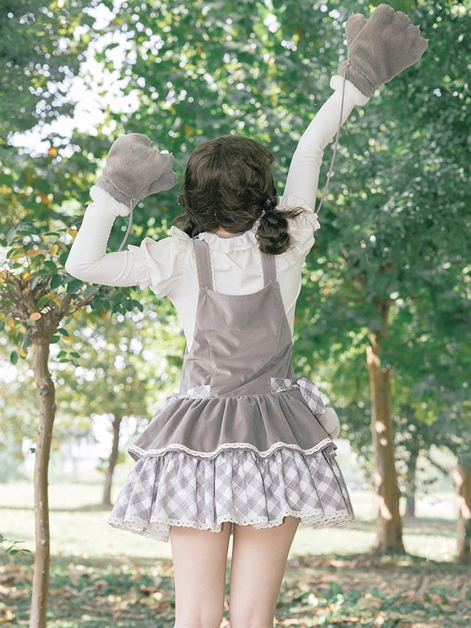 Gray Winter Bear Theme Overalls with Detachable Hood and Bowknot