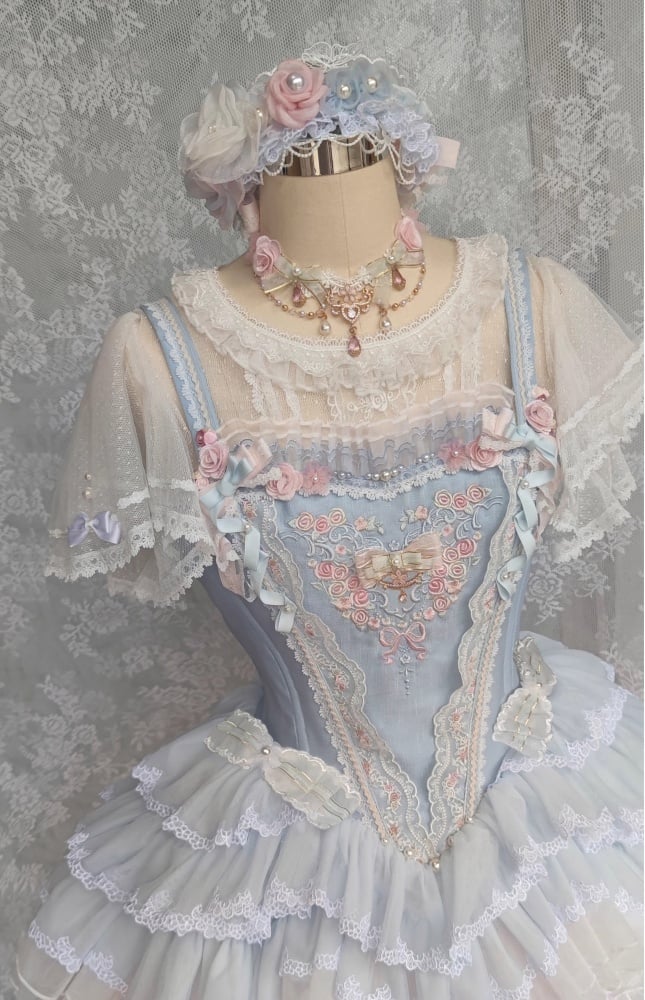 Blue Princess Corset Dress Floral Embroidery Jumper Skirt - Sukuroi