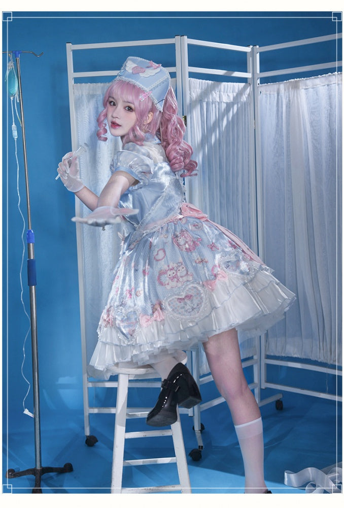 Light Blue Bunny Print One Piece Puff Sleeves Sweet Dress