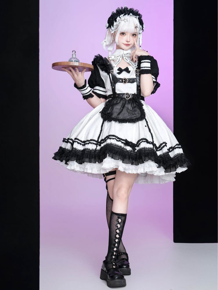 Black and White Punk Maid Dress Short One Piece + Black Apron - Sukuroi