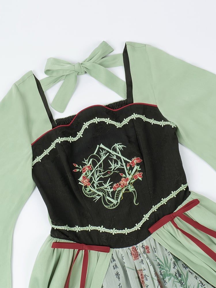 Green and Black Snake and Bamboo Embroidery Bodice Han Lolita Dress