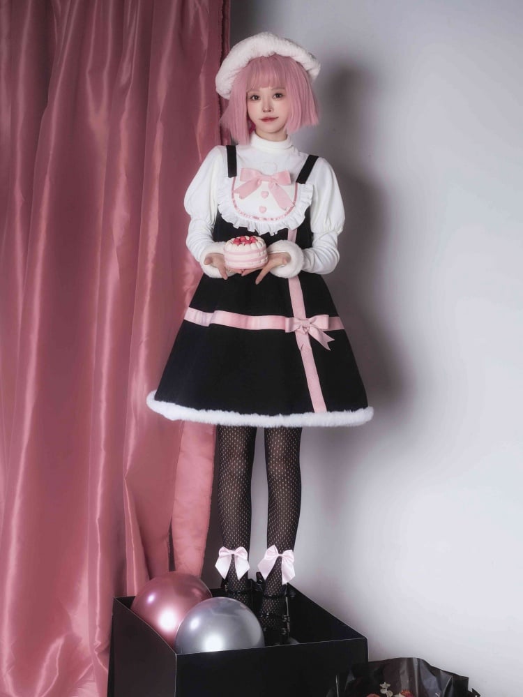 Black and Pink Sweet Bowknot Winter Jumper Skirt Plush Hemline