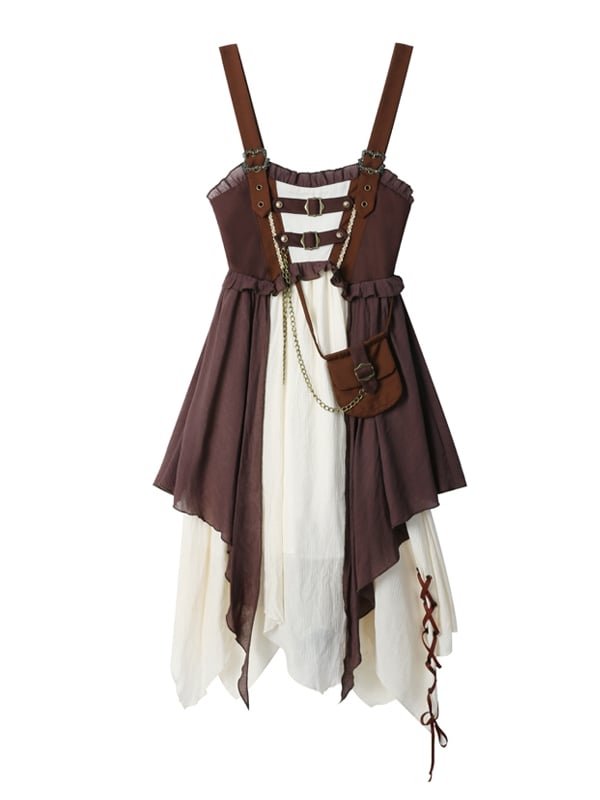 Brown Pirate Vibes Jumper Skirt Full Set Dress + Shirt + Collar