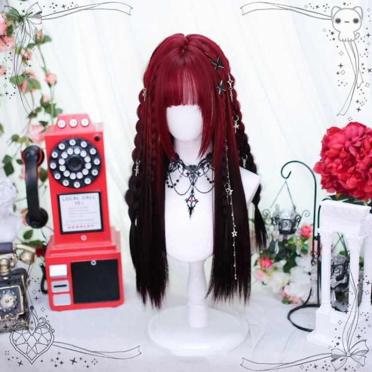 Red and Black Long Straight Synthetic Wig