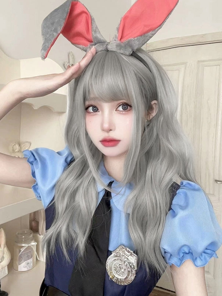 Silver Long Wavy Synthetic Wig with Full Bangs