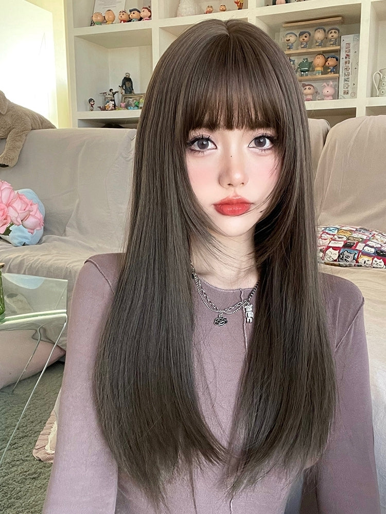 Dark Brown Medium Length Synthetic Straight Wig with Full Bangs