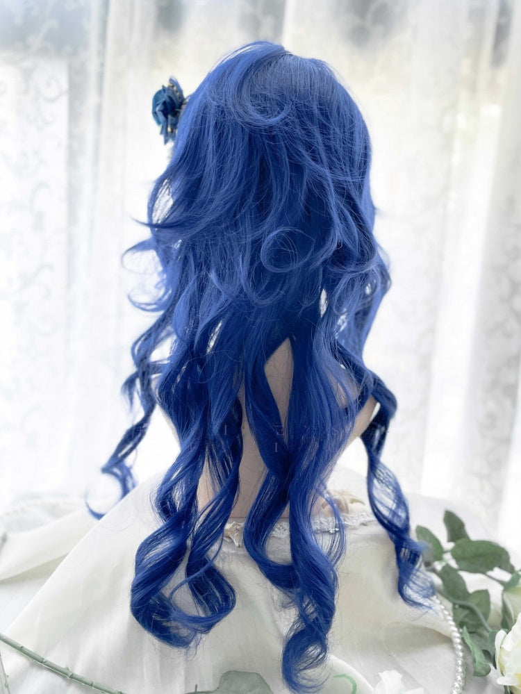 Dark Blue Long Wavy Synthetic Wig with Full Bangs