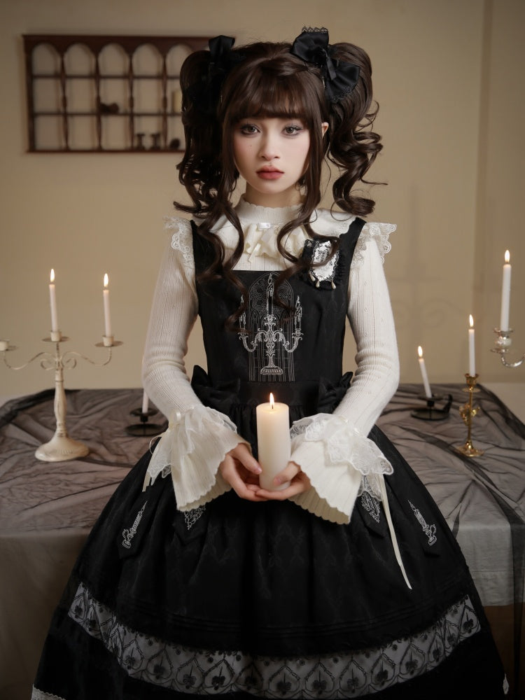 Candlestick and Church Window Embroidery Black Square Neckline Jumper Skirt