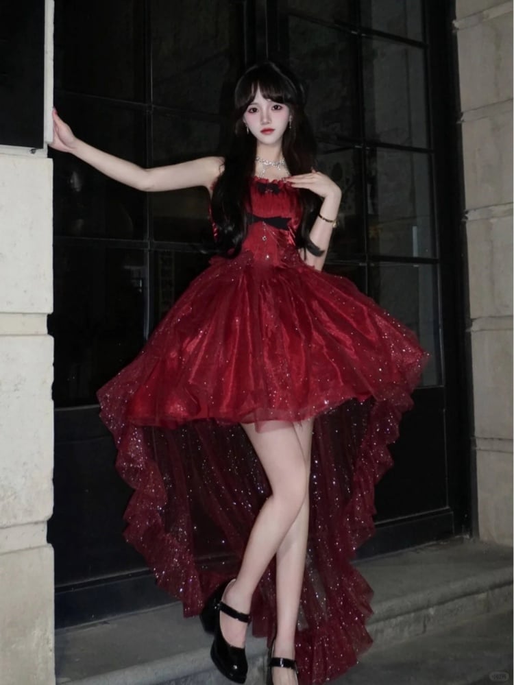 Wine Red Glittering Princess Dress Basque Lolitacore Party Dress Full Set