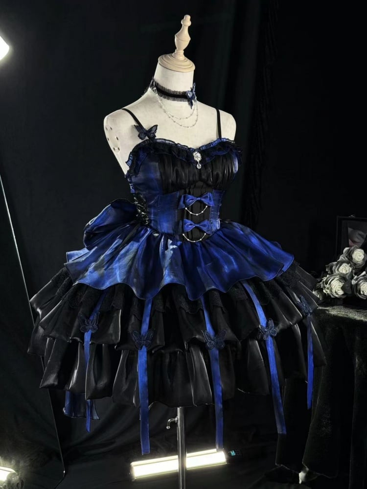 Black and Dark Blue Sweetheart Neckline Jumper Skirt Butterfly Princess Dress Puff Skirt