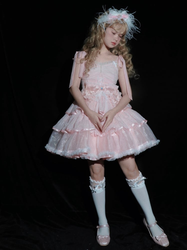 Clearance-Size L for Bust 90-100cm Pink Tiered Hem Jumper Skirt + Size M for Waist 70-100cm Petticoat Set