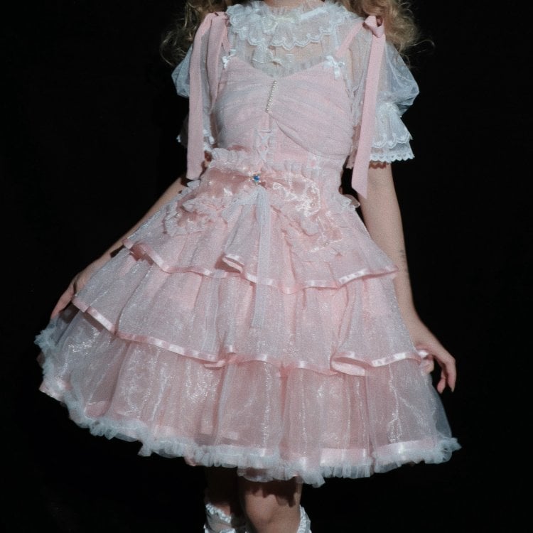 Clearance-Size L for Bust 90-100cm Pink Tiered Hem Jumper Skirt + Size M for Waist 70-100cm Petticoat Set