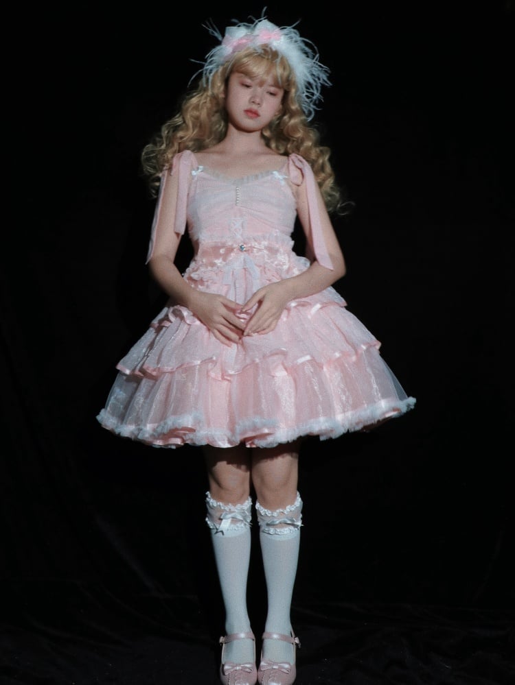 Clearance-Size L for Bust 90-100cm Pink Tiered Hem Jumper Skirt + Size M for Waist 70-100cm Petticoat Set