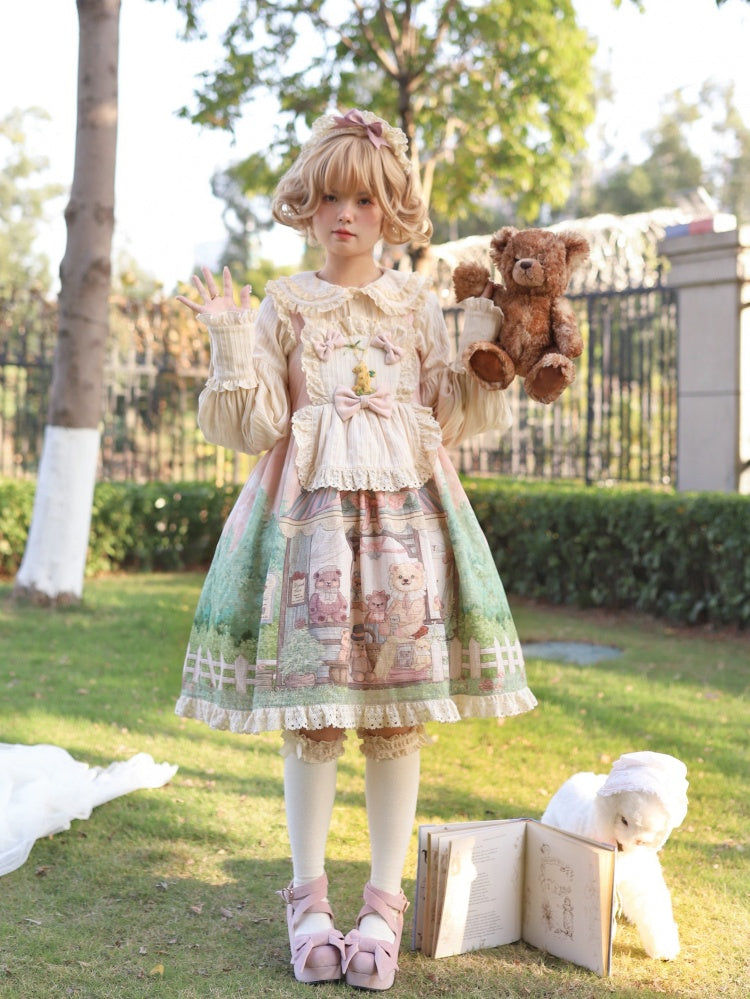 Anniversary Teddy Bear Print Bowknot Details Square Neckline Jumper Skirt