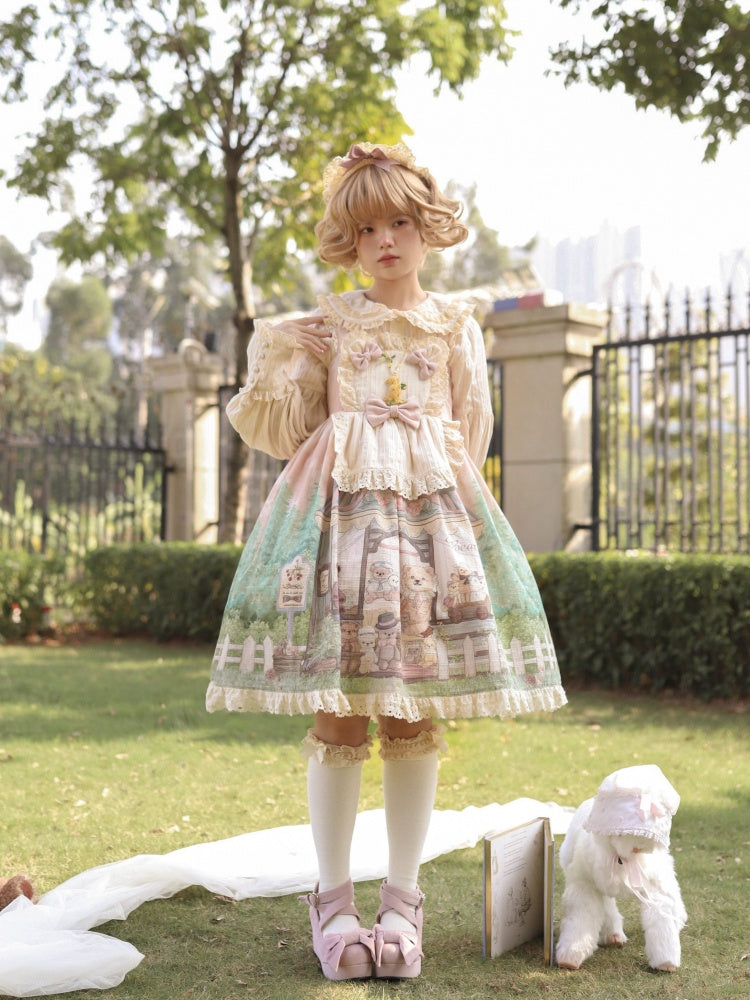 Anniversary Teddy Bear Print Bowknot Details Square Neckline Jumper Skirt