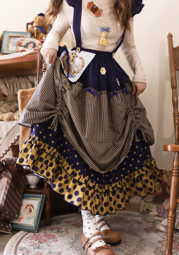 Dark Blue and Yellow Polka-dot Overalls Drawstring Hem