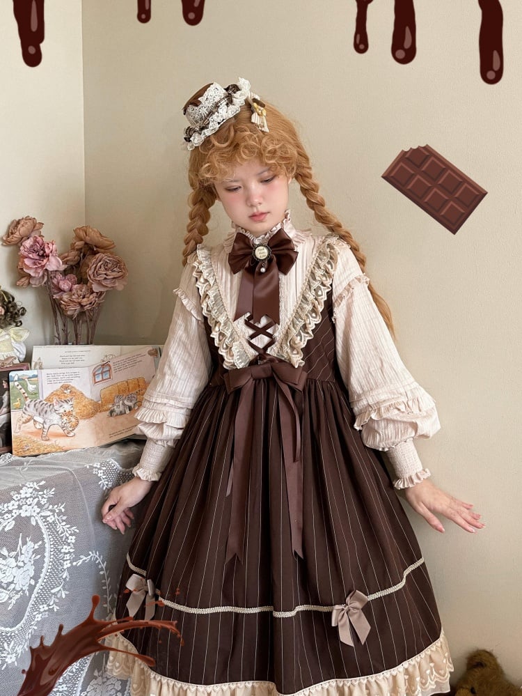 Brown Striped Pattern One Piece Ruffle Neckline Long Sleeves Dress