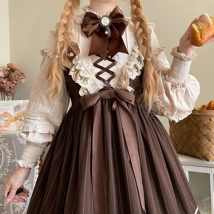 Brown Striped Pattern One Piece Ruffle Neckline Long Sleeves Dress