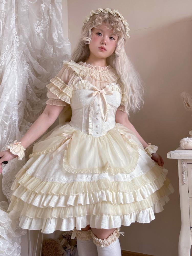 Beige Sweetheart Neckline Boned Bodice Balletcore Jumper Skirt Tiered Ruffles with Big Bow