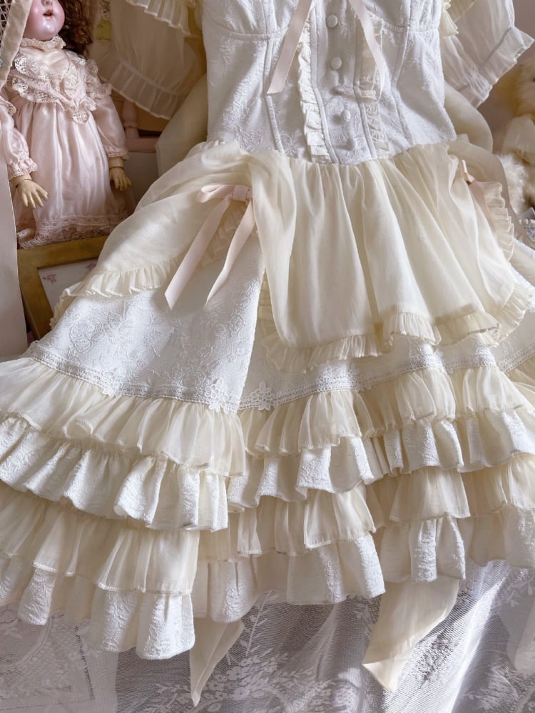 Beige Sweetheart Neckline Boned Bodice Balletcore Jumper Skirt Tiered Ruffles with Big Bow